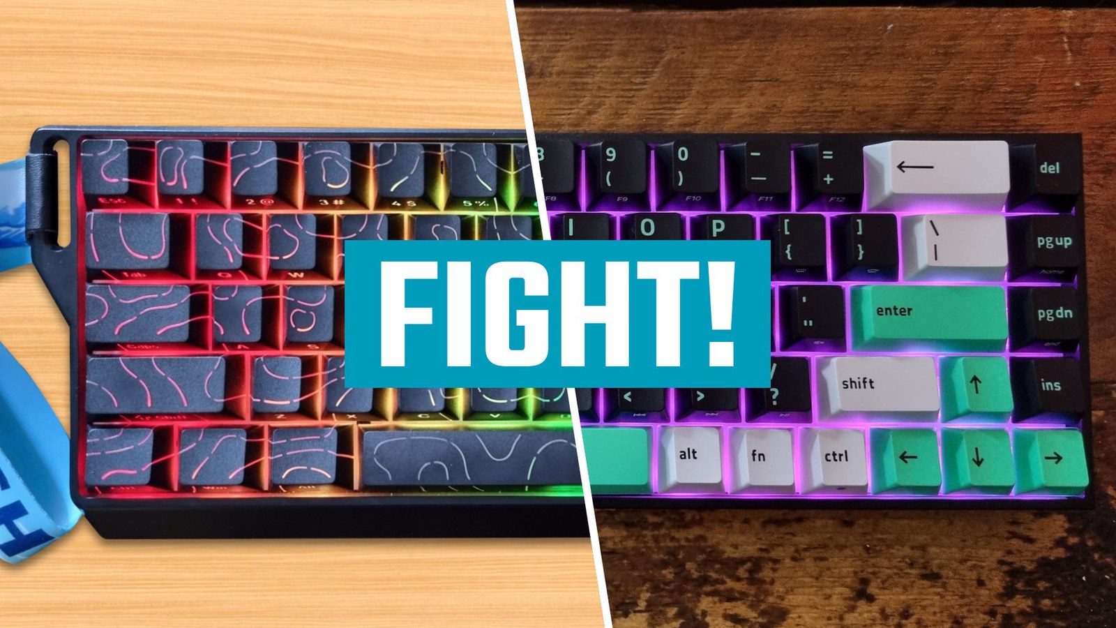 Two gaming keyboards separated by "fight" text