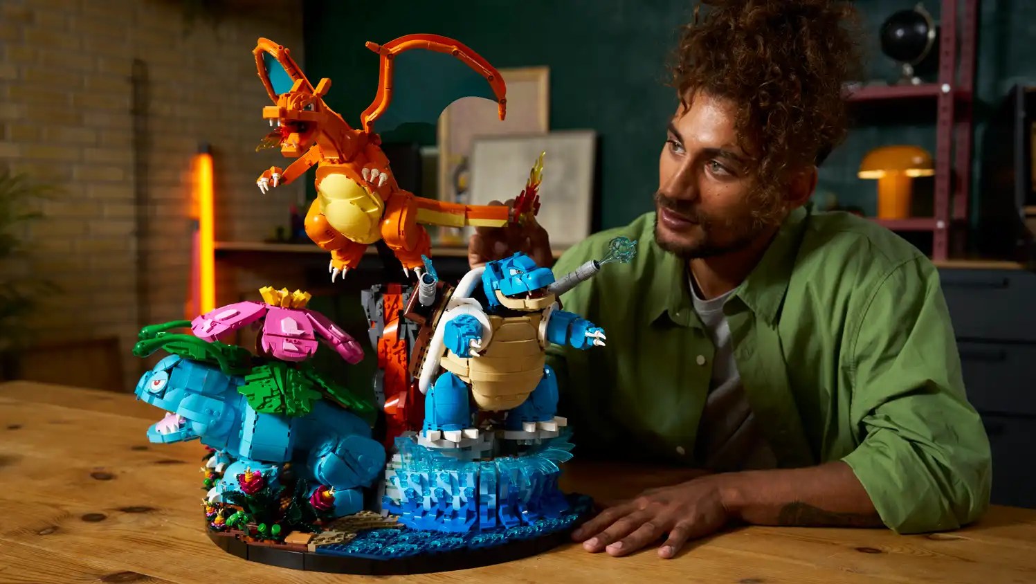 A Lego build of Pokemon Venusaur, Charizard, and Blastoise