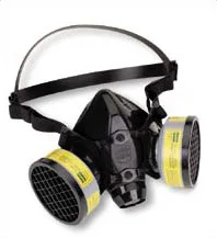 A half-face elastomeric air-purifying respirator.  This kind of respirator is reusable, with the filters being replaced periodically.